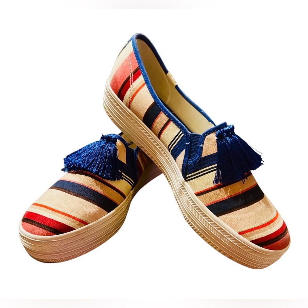 Kate Spade Keds size 9.5 collab canvas slip on platform shoes stripes preppy